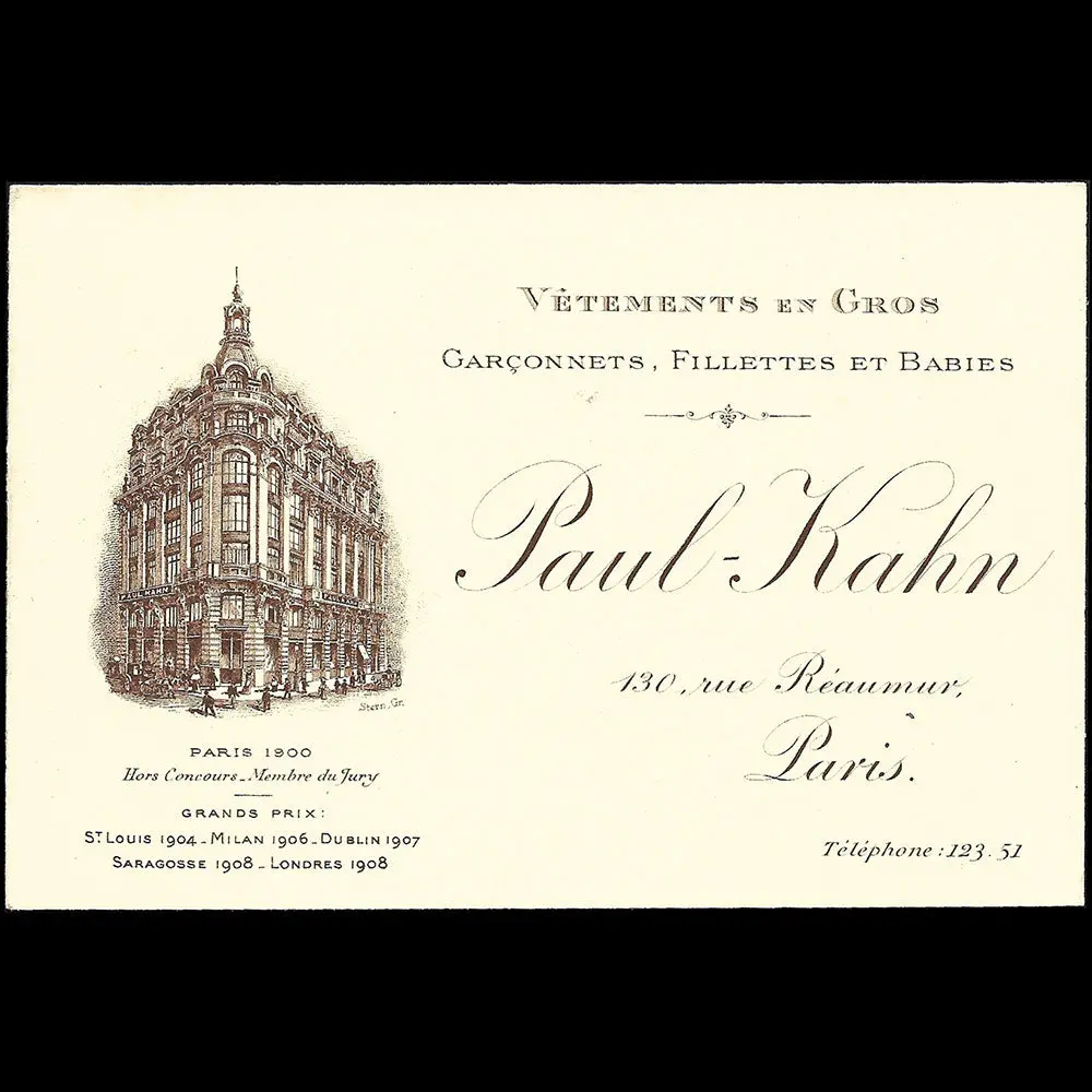 Paul Kahn - Carte De La Maison Pour Vêtements D'enfants, 130 Rue Reaumur À Paris (1908) 1
