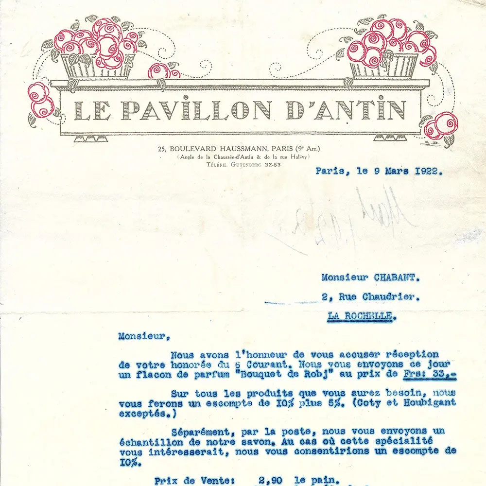 Pavillon D'antin - Facture De La Maison De Parfums, 25 Boulevard Haussmann À Paris (1922) 2