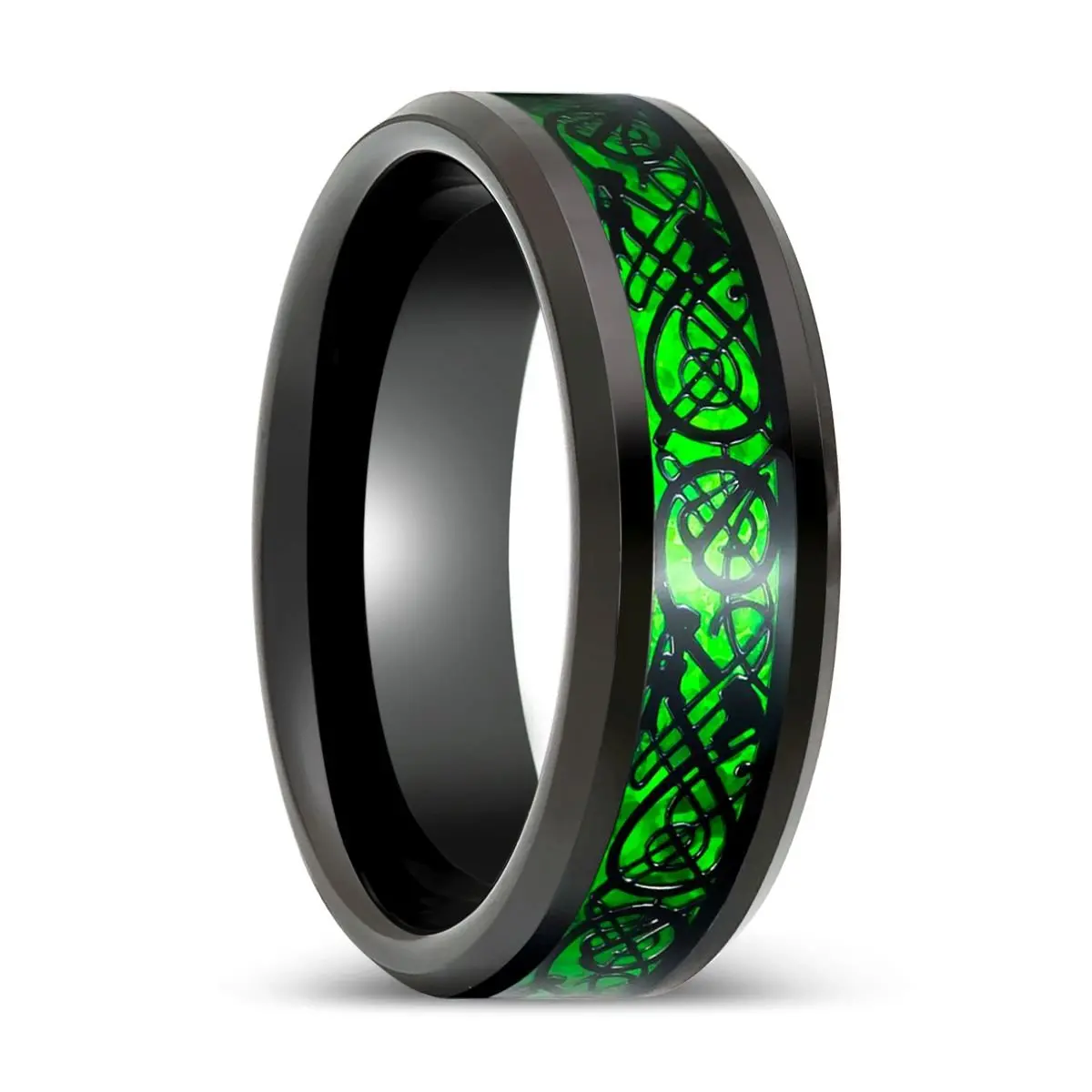 Peachland | Black Tungsten Ring Green Celtic Dragon Inlay 1