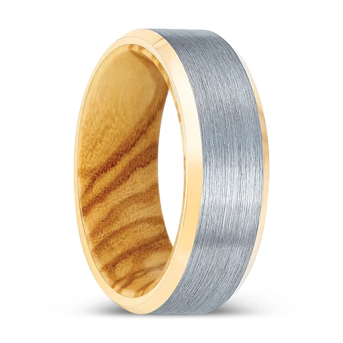 Peachpaw | Olive Wood, Brushed, Silver Tungsten Ring, Gold Beveled Edges 1