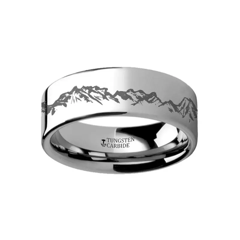 Peaks Mountain Range Scene Engraved Flat Tungsten Wedding Band For Men And Women - 4Mm - 12Mm 1