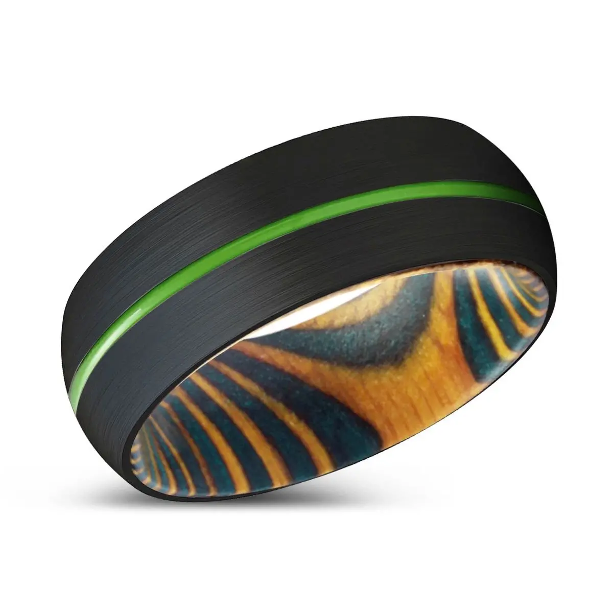 Pelican | Green & Yellow Wood, Black Tungsten Ring, Green Groove, Domed 2
