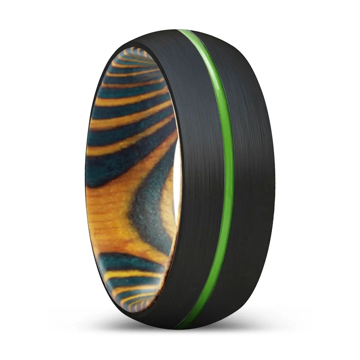 Pelican | Green & Yellow Wood, Black Tungsten Ring, Green Groove, Domed 1