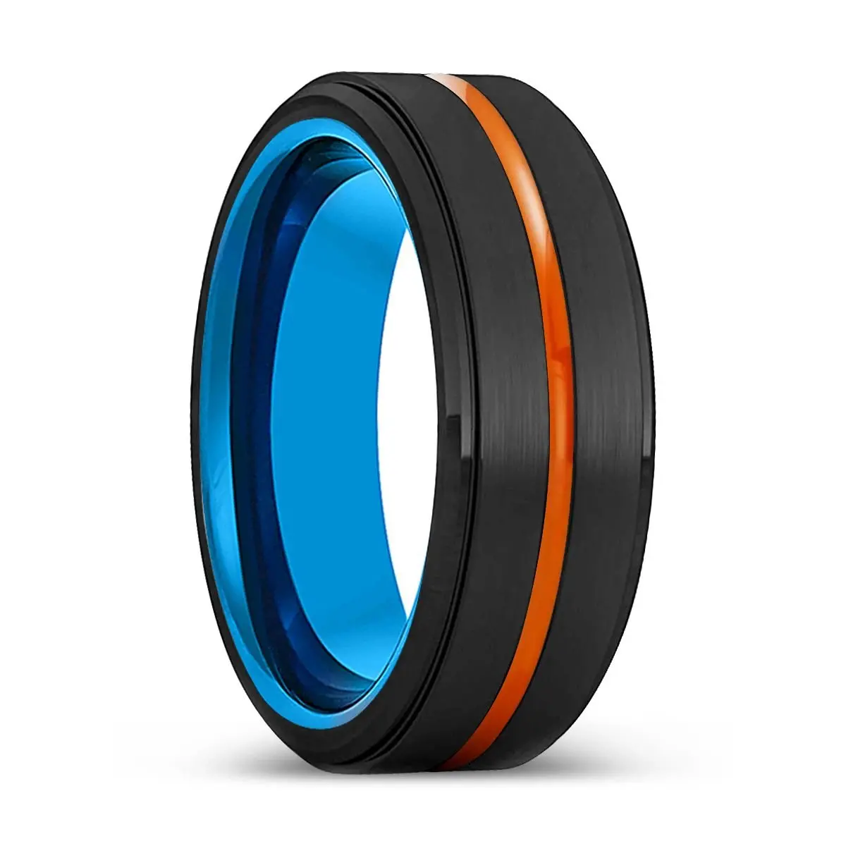 Peoria | Blue Tungsten Ring, Black Tungsten Ring, Orange Groove, Stepped Edge 1