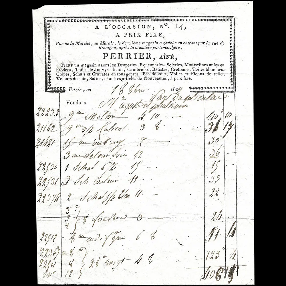 Perrier Ainé - Facture Du Magasin De Tissus A L'occasion, Rue De La Marche À Paris (1809) 1