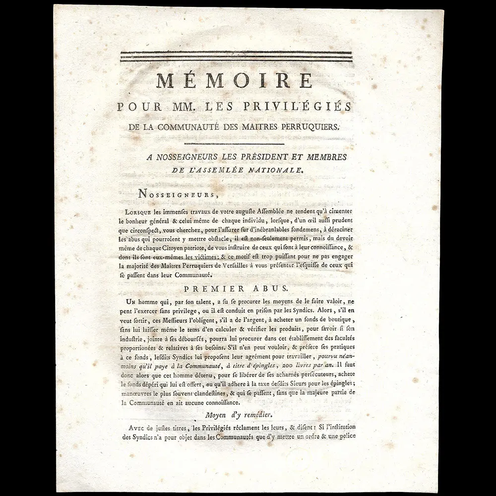 Perruque - Mémoire Pour Mm. Les Privilégiés De La Communauté Des Maîtres Perruquiers (Circa 1790) 1