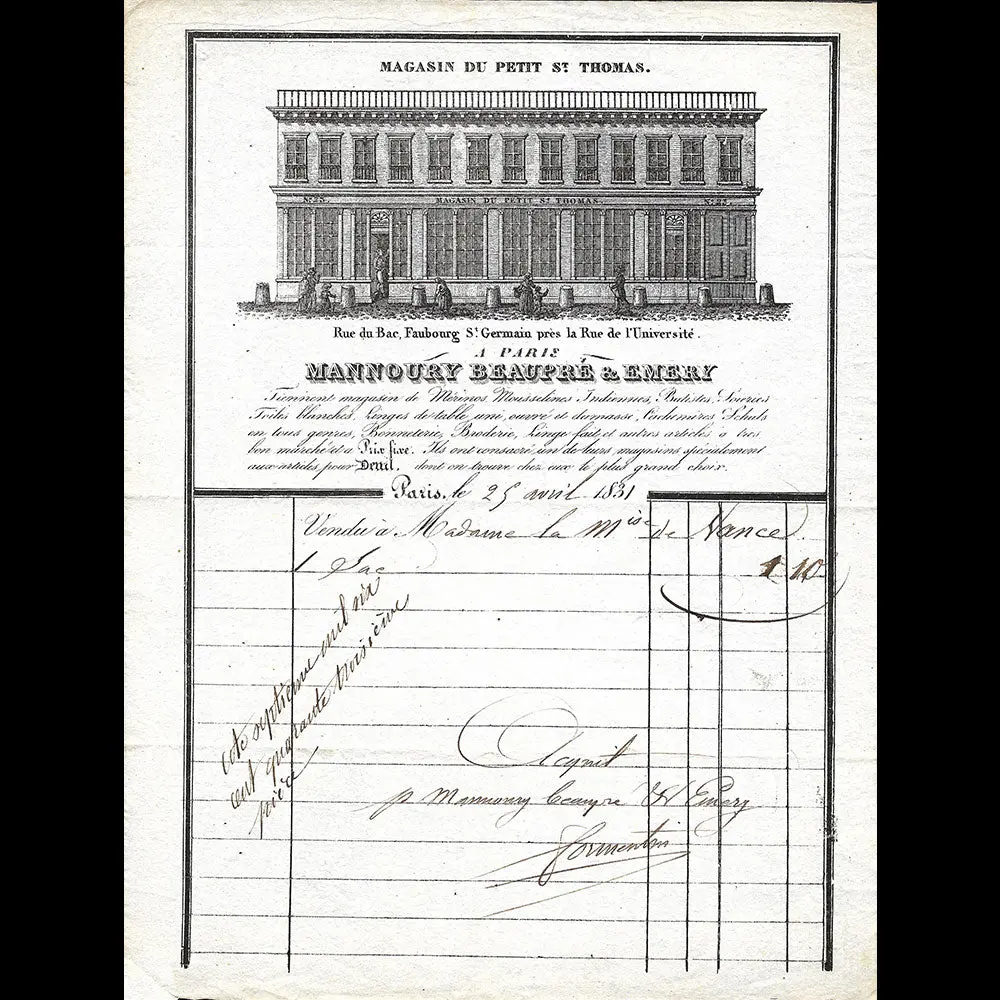 Mannoury, Beaupré Et Emery - Facture Du Magasin Du Petit Saint-Thomas, Rue Du Bac À Paris (1831) 1