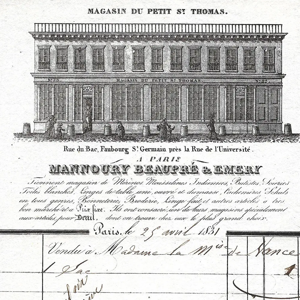 Mannoury, Beaupré Et Emery - Facture Du Magasin Du Petit Saint-Thomas, Rue Du Bac À Paris (1831) 2