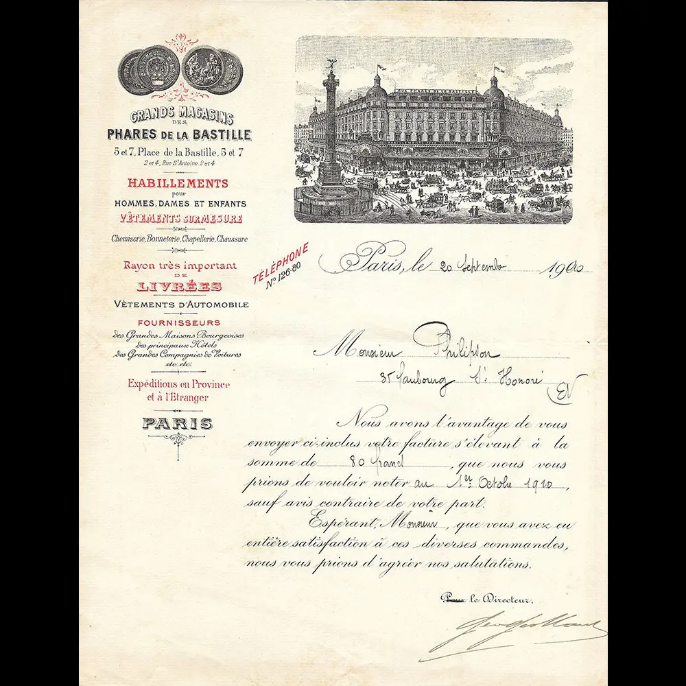 Phares De Bastille - Facture Des Grands Magasins, 5 Et 7 Place De La Bastille À Paris (1910) 1