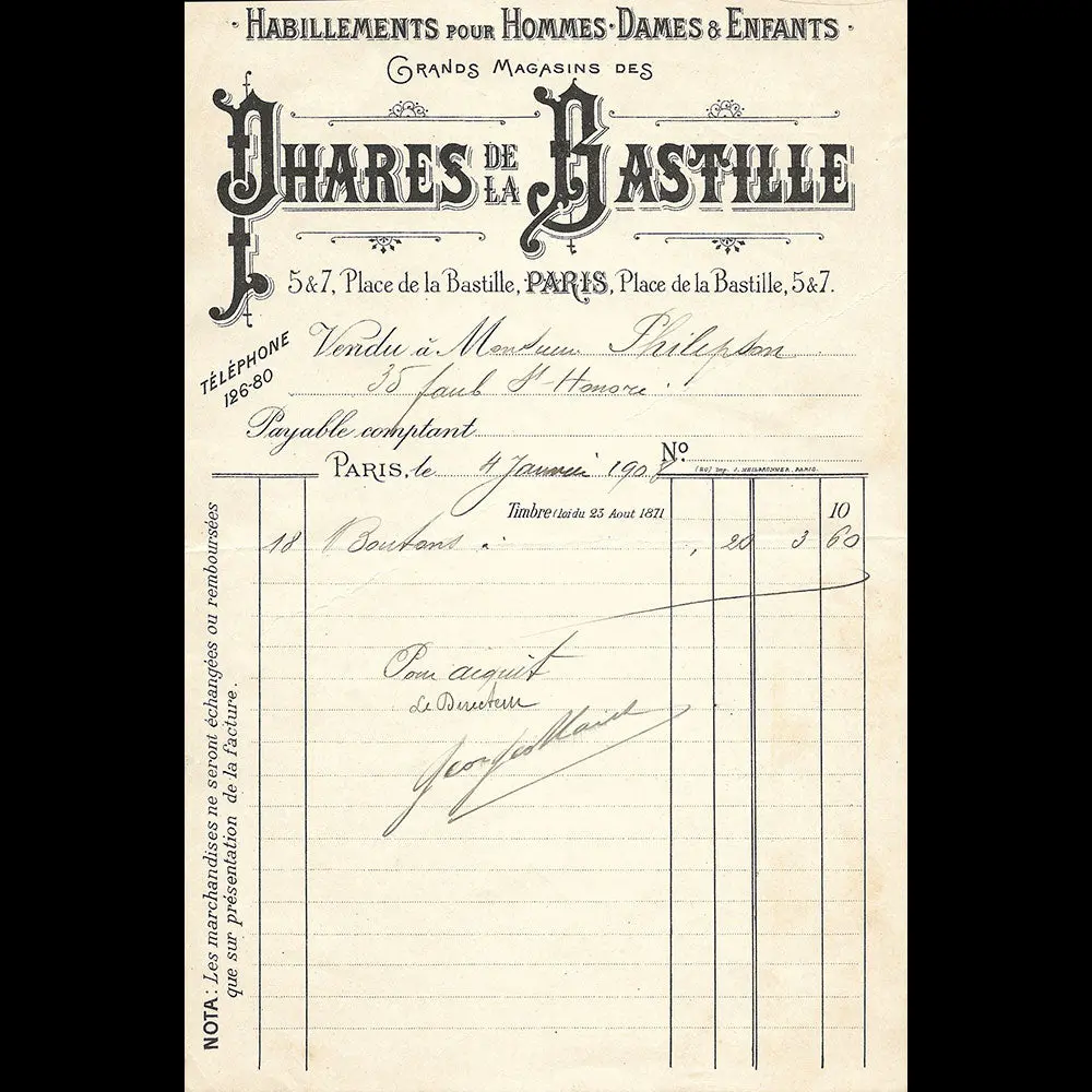 Phares De Bastille - Facture Des Grands Magasins, 5 Et 7 Place De La Bastille À Paris (1908) 1