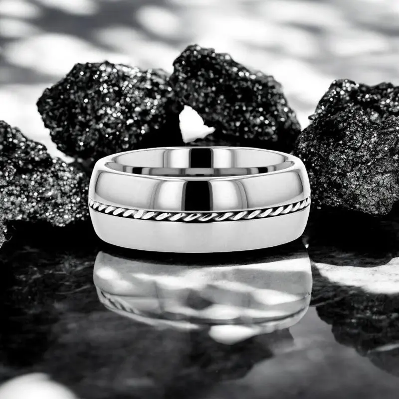 Phytheon | Silver Tungsten Ring, Braided Platinum Inlay, Domed 3