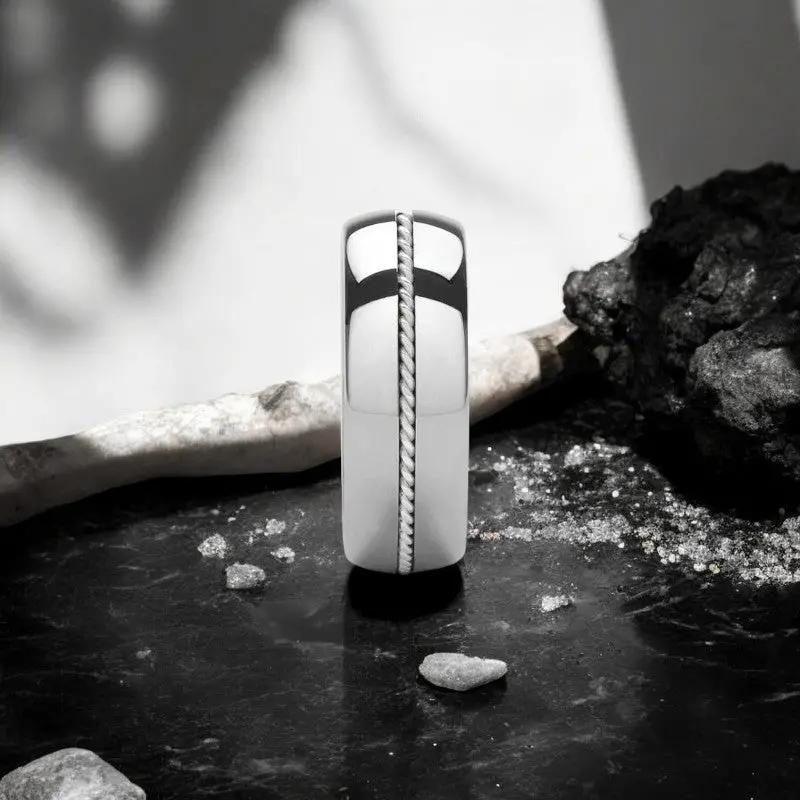 Phytheon | Silver Tungsten Ring, Braided Platinum Inlay, Domed 4