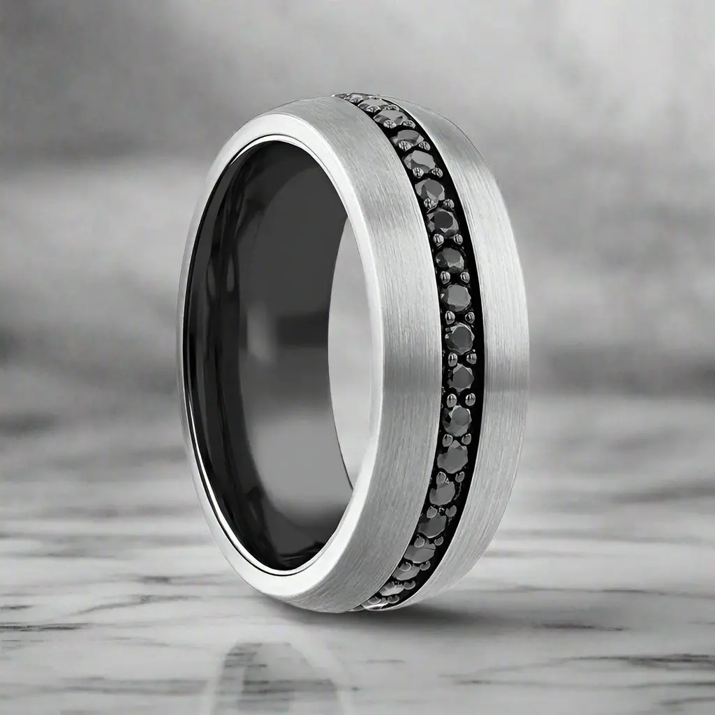 Pilot | Gunmetal Tungsten Ring With Black Sapphires 1