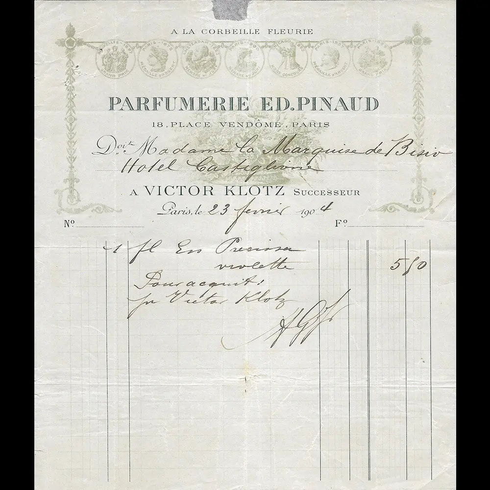 Pinaud - Facture De La Maison De Parfums, 18 Place Vendôme À Paris (1904) 1