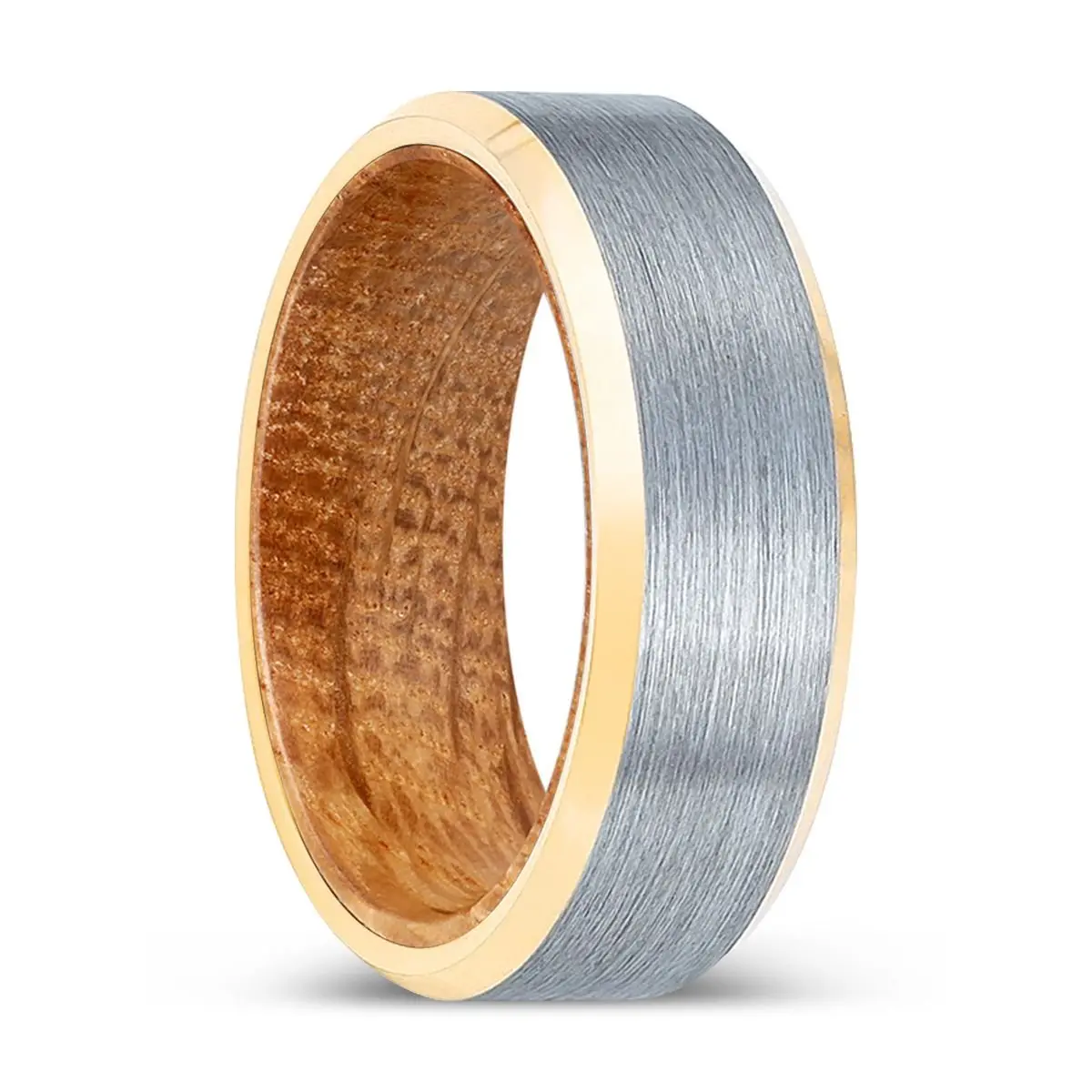Pinescar | Whiskey Barrel Wood, Brushed, Silver Tungsten Ring, Gold Beveled Edges 1