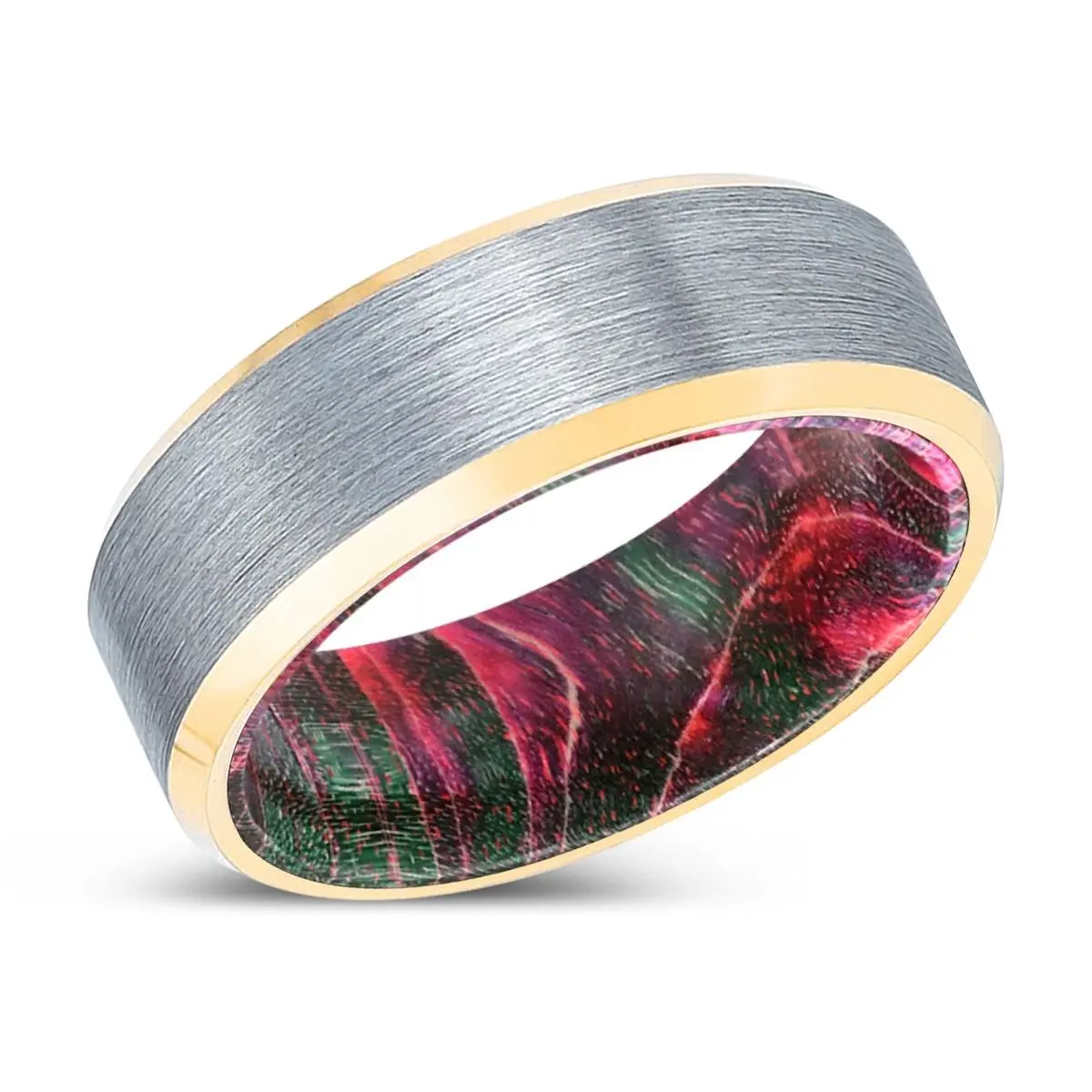 Pinestalk | Green & Red Wood, Brushed, Silver Tungsten Ring, Gold Beveled Edges 2