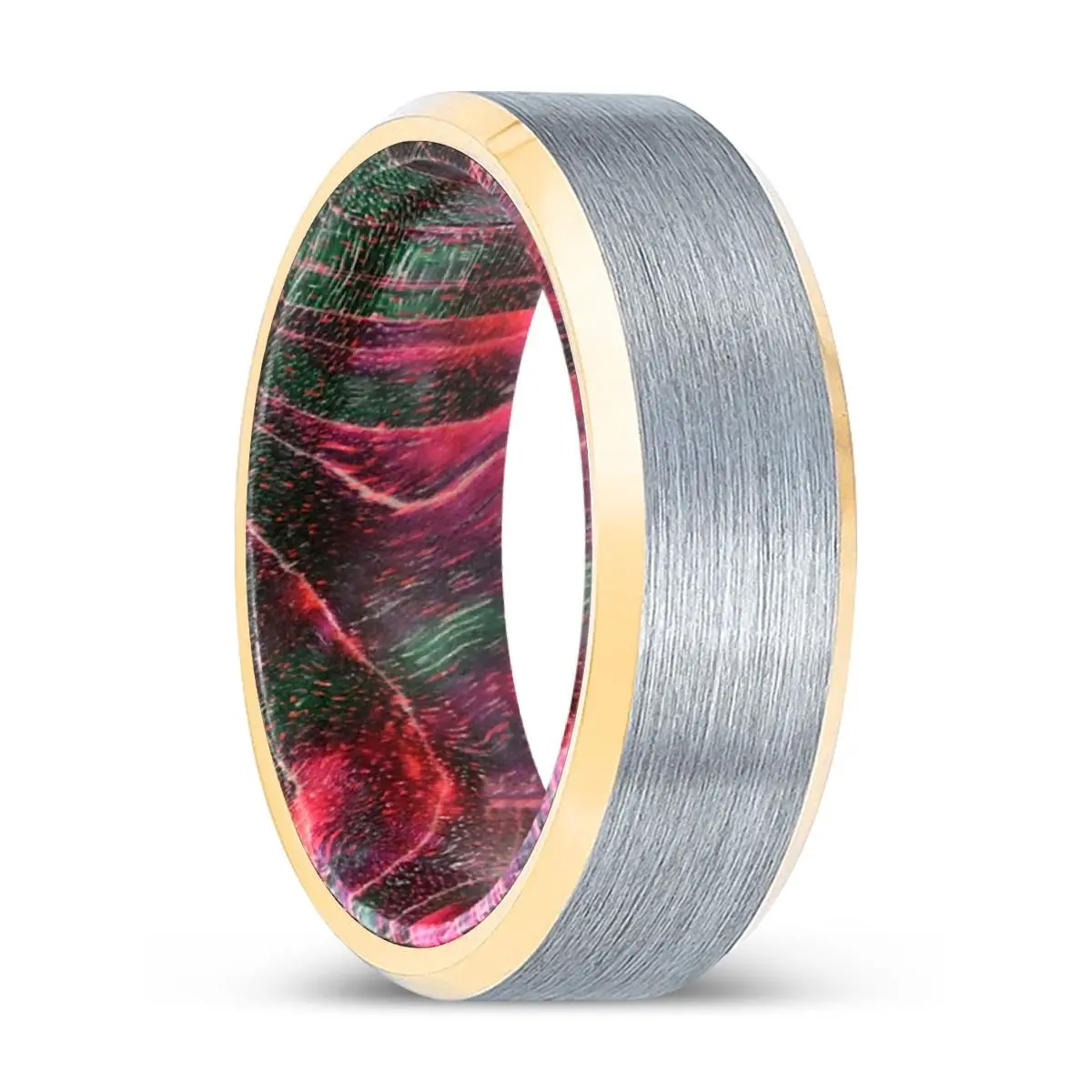 Pinestalk | Green & Red Wood, Brushed, Silver Tungsten Ring, Gold Beveled Edges 1