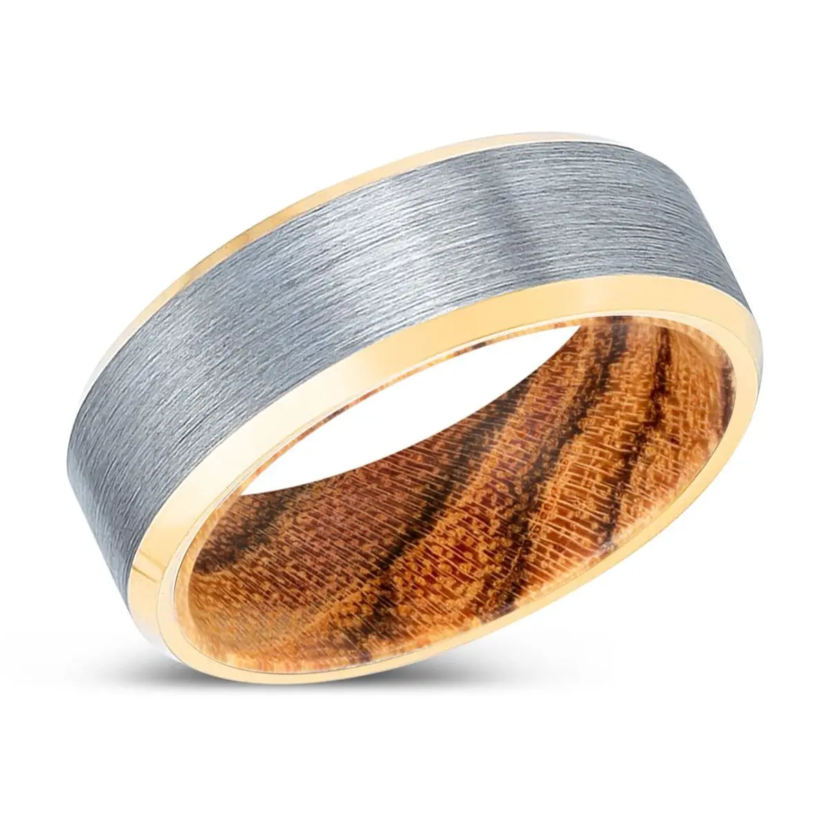 Pinetooth | Bocote Wood, Brushed, Silver Tungsten Ring, Gold Beveled Edges 2