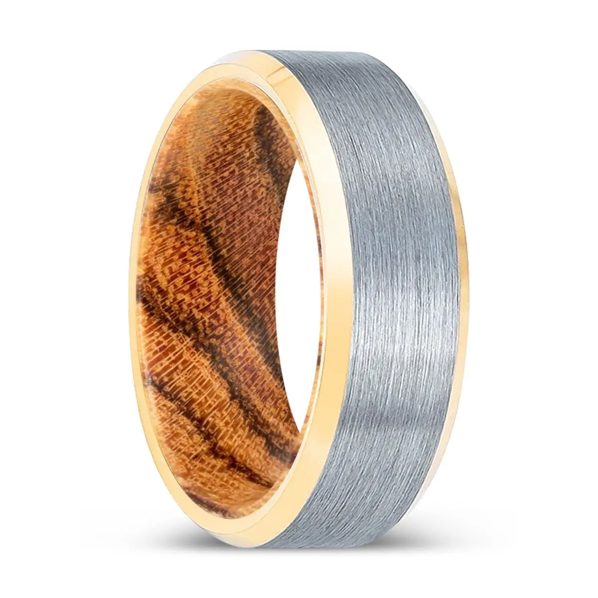 Pinetooth | Bocote Wood, Brushed, Silver Tungsten Ring, Gold Beveled Edges 1