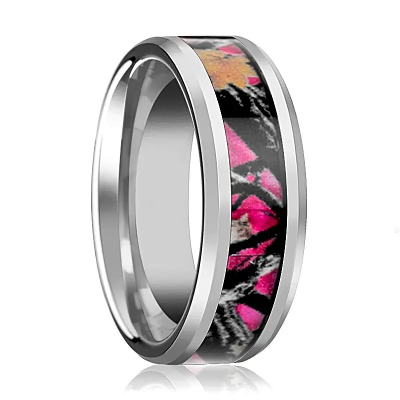 Pink Oak Leaves Camouflage Men's Tungsten Wedding Band With Beveled Edges - 6Mm - 8Mm 1
