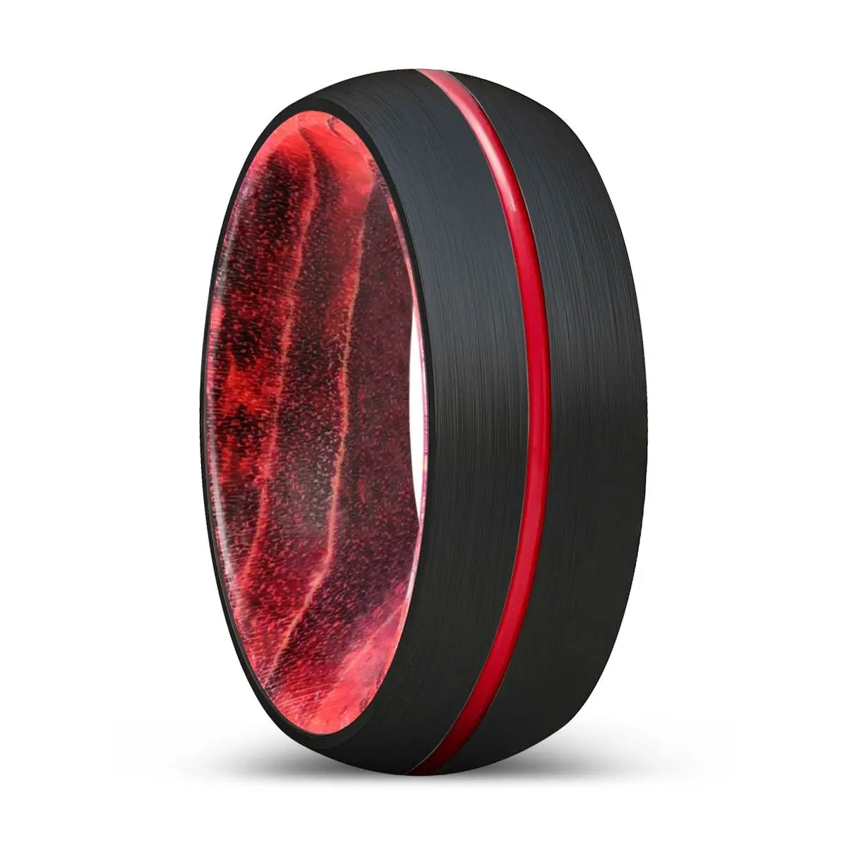 Piranha | Black & Red Wood, Black Tungsten Ring, Red Groove, Domed 1