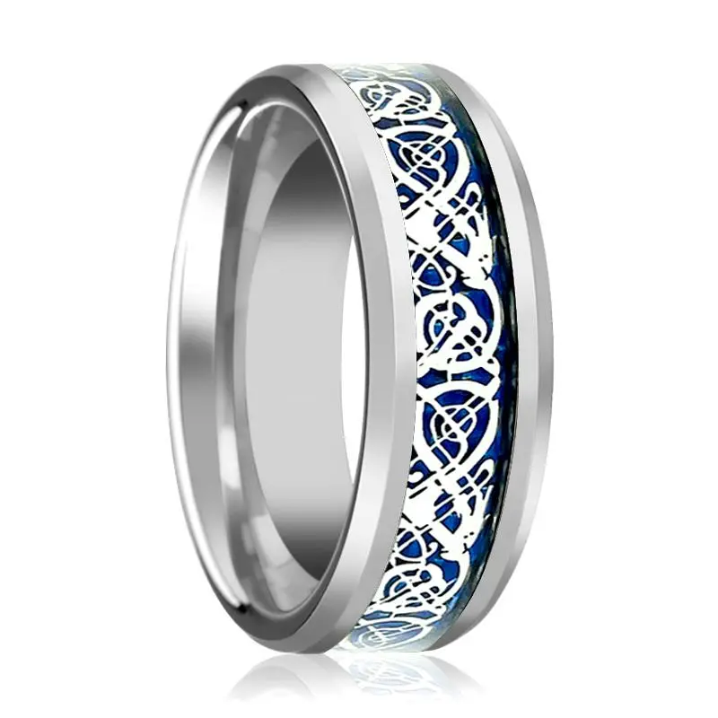 Poet | Silver Tungsten Ring, Blue Celtic Dragon Inlay, Beveled 1