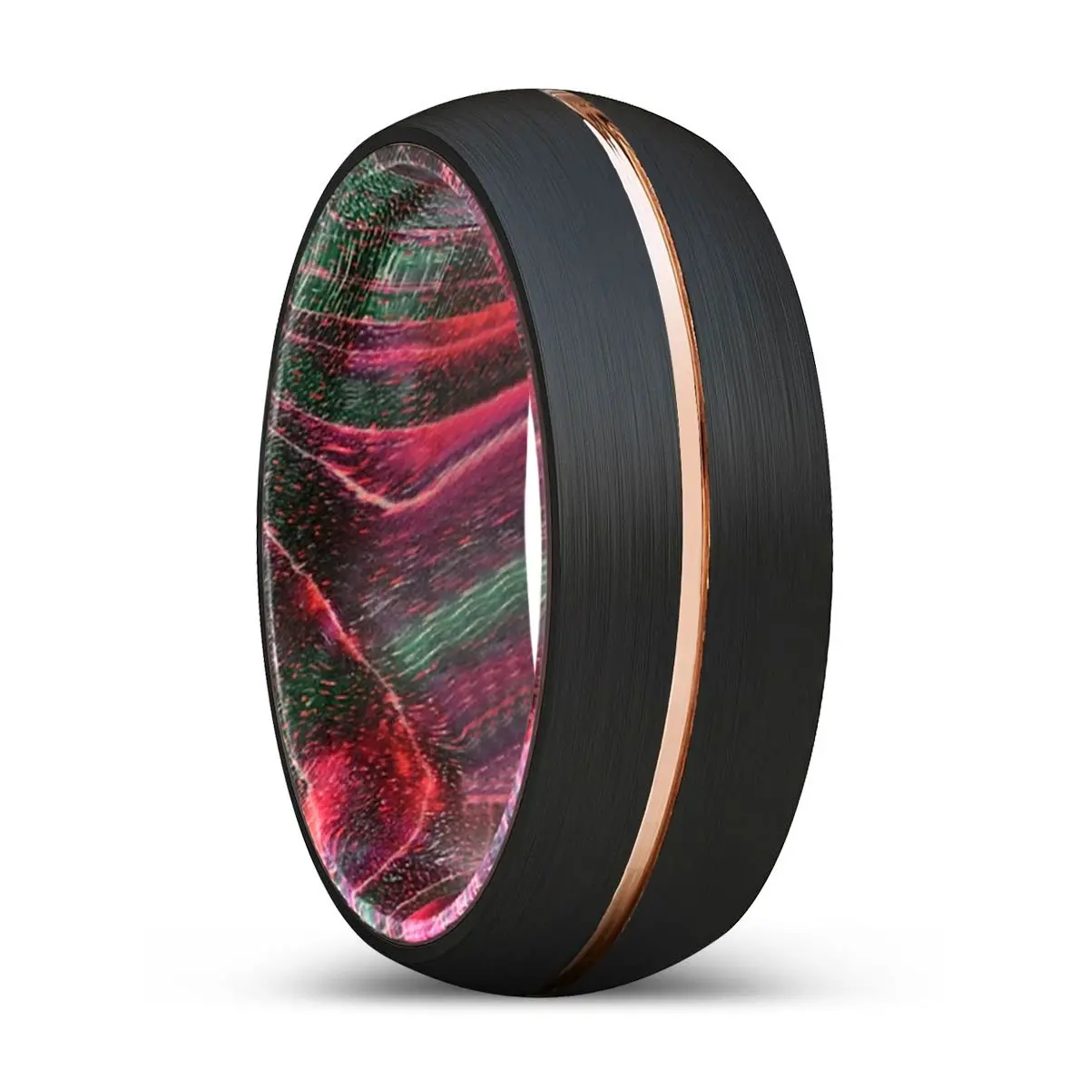 Pogo | Green & Red Wood, Black Tungsten Ring, Rose Gold Groove, Domed 1
