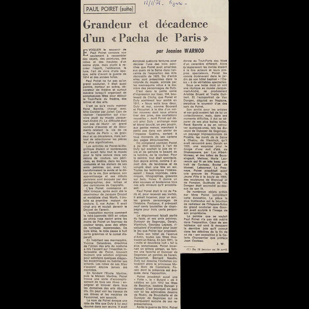 Poiret, Grandeur Et Décadence D'un Pacha De Paris, Article De Jeanine Warnod Pour Le Figaro (1974) 1