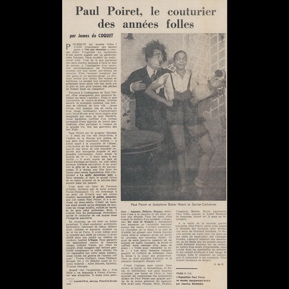 Paul Poiret, Couturier Des Années Folles, Article De James De Coquet Pour Le Figaro (1974) 1