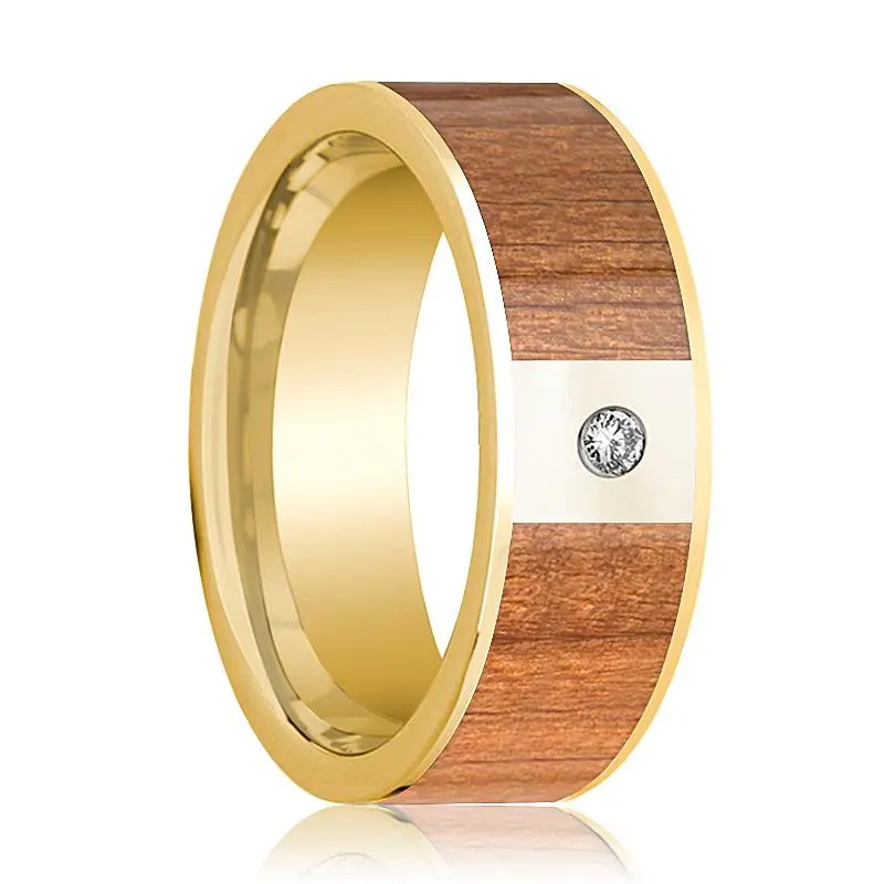 Polished 14K Gold Men's Wedding Band With Sapele Wood Inlay And Diamond - 8Mm 1