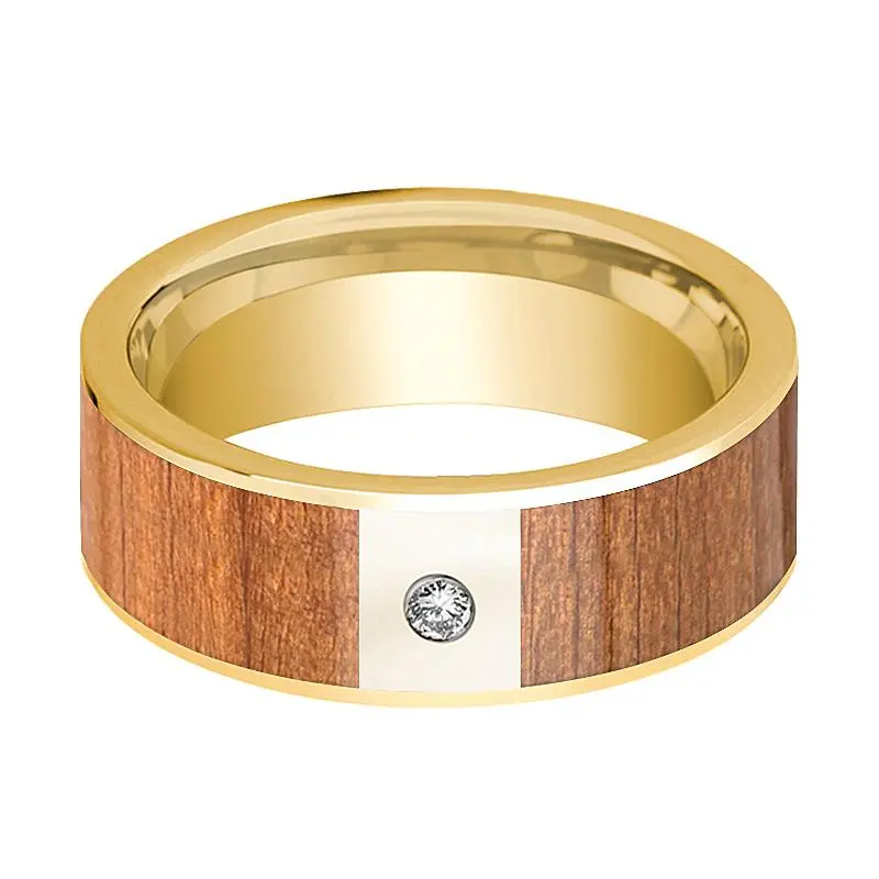 Polished 14K Gold Men's Wedding Band With Sapele Wood Inlay And Diamond - 8Mm 2
