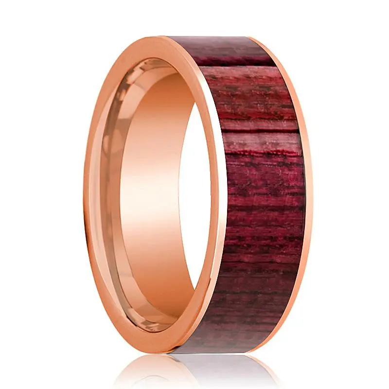 Polished 14K Rose Gold Flat Men's Wedding Band With Purpleheart Wood Inlay - 8Mm 1