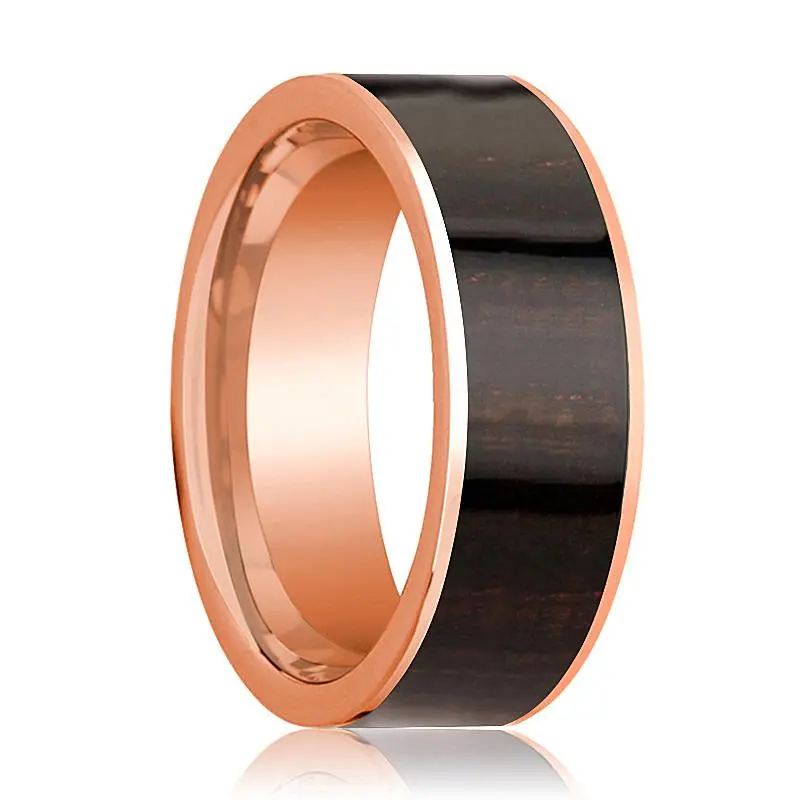 Polished 14K Rose Gold Men's Engagement Ring With Ebony Wood Inlay - 8Mm 1