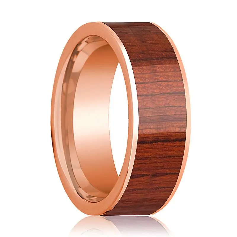 Polished 14K Rose Gold Men's Wedding Band With Padauk Wood Inlay - 8Mm 1