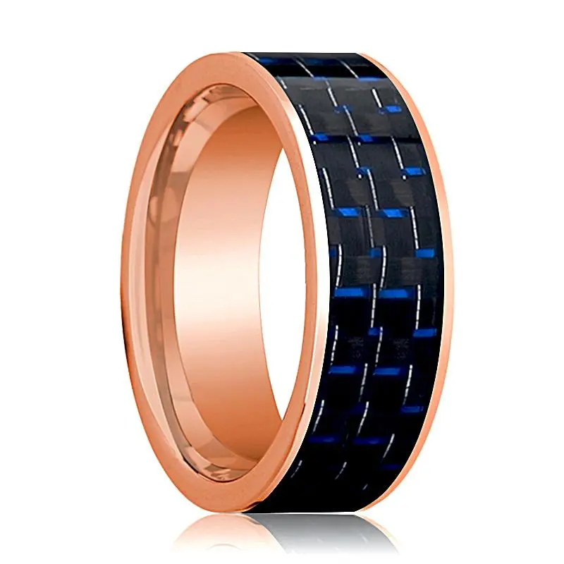Polished 14K Rose Gold Wedding Band For Men With Blue And Black Carbon Fiber Inlay Flat Design - 8Mm 1