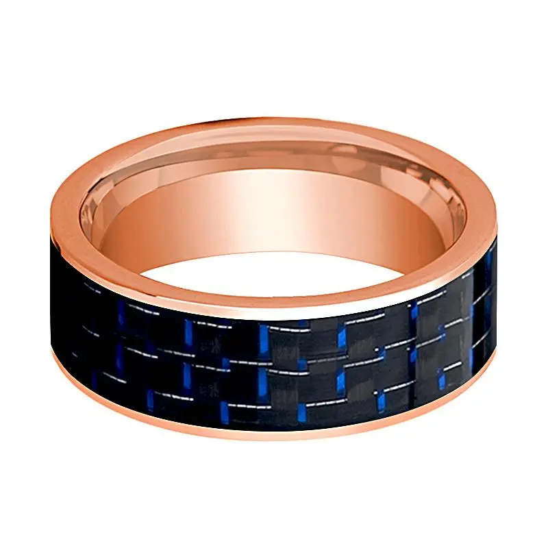 Polished 14K Rose Gold Wedding Band For Men With Blue And Black Carbon Fiber Inlay Flat Design - 8Mm 2