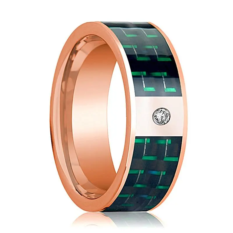 Polished 14K Rose Gold Wedding Band For Men With Diamond And Black & Green Carbon Fiber Inlay - 8Mm 1
