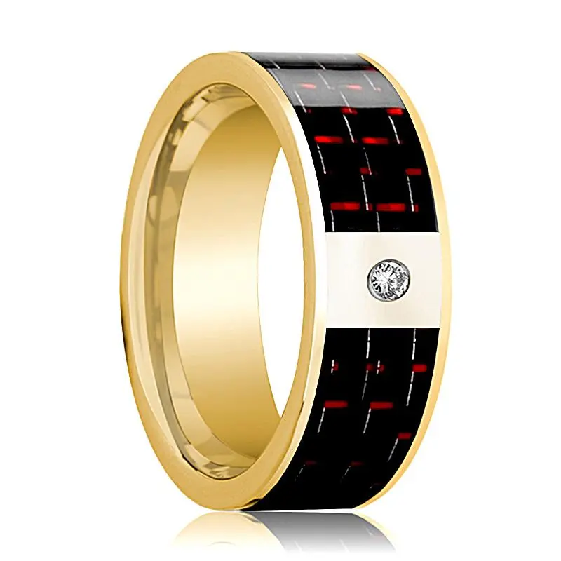 Polished 14K Yellow Gold & Diamond Flat Wedding Band For Men With Black And Red Carbon Fiber Inlay - 8Mm 1