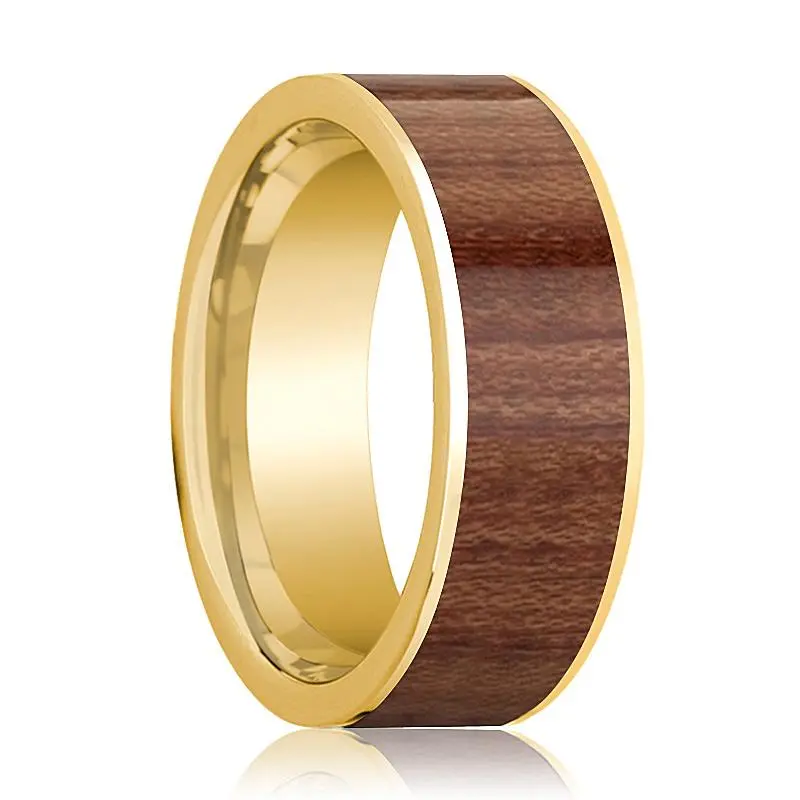 Polished 14K Yellow Gold Flat Wedding Band For Men With Rose Wood Inlay - 8Mm 1