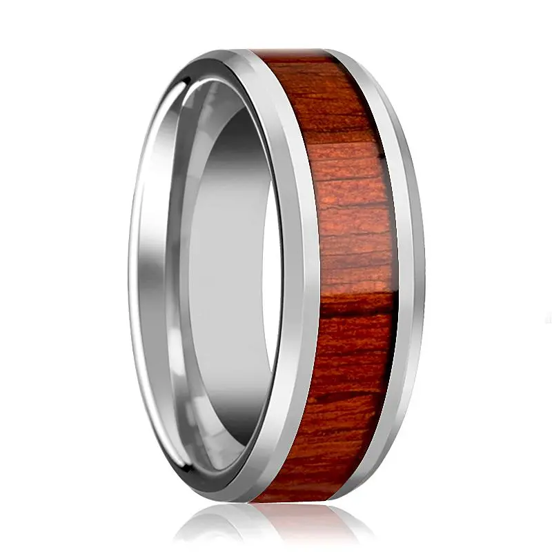 Narra | Silver Tungsten Ring, Padauk Wood Inlay, Beveled 1