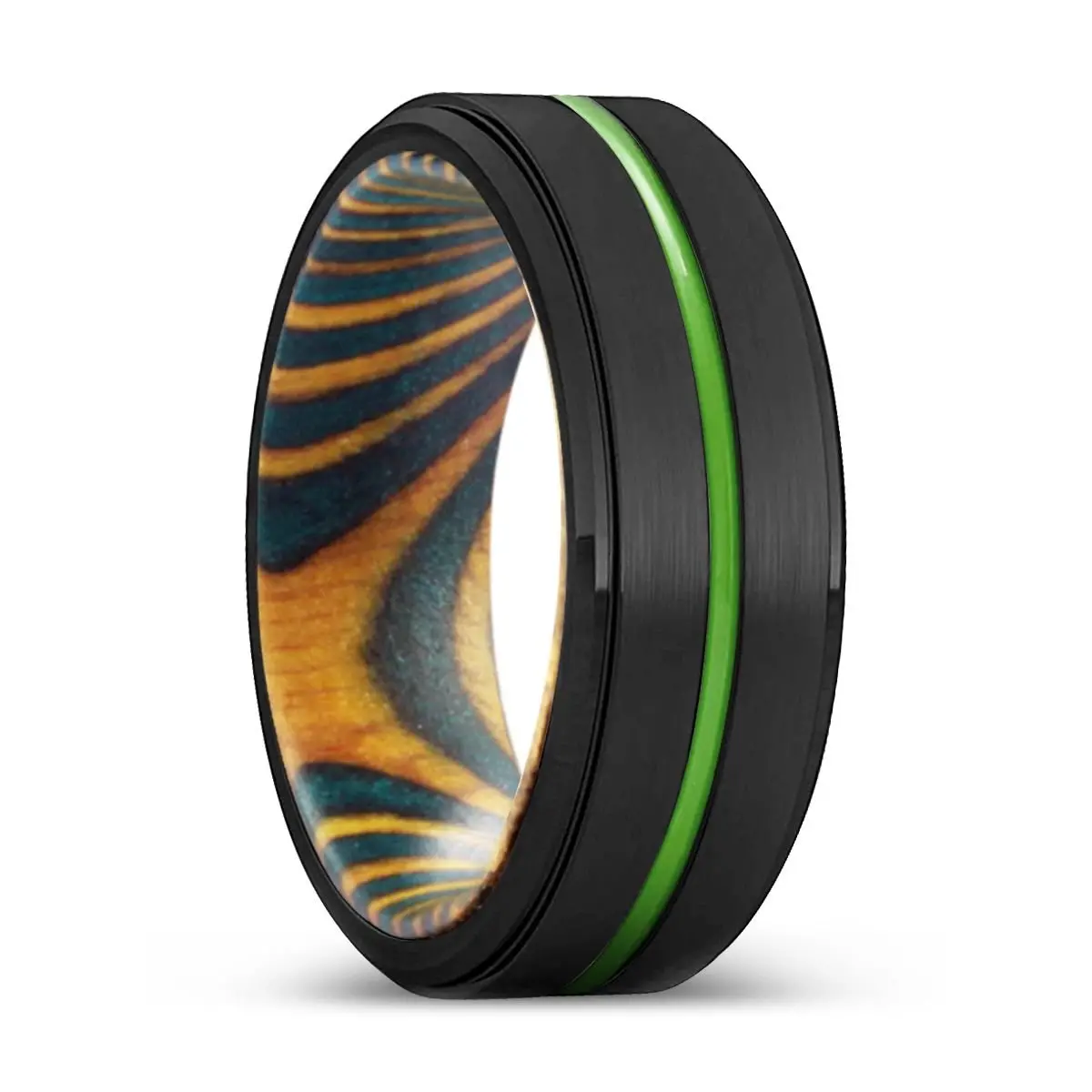 Ponoma | Green & Yellow Wood, Black Tungsten Ring, Green Groove, Stepped Edge 1