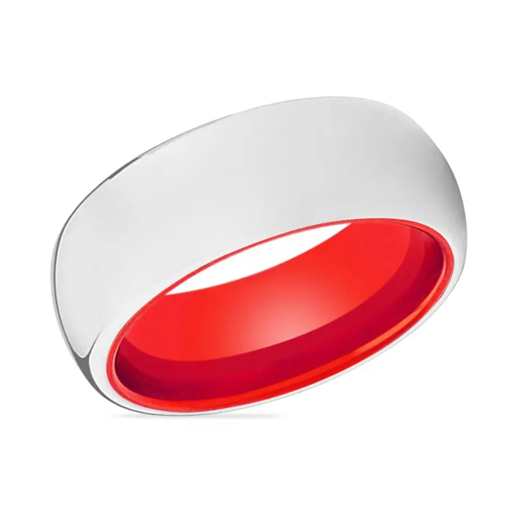 Poppy | Red Ring, Silver Tungsten Ring, Shiny, Domed 2