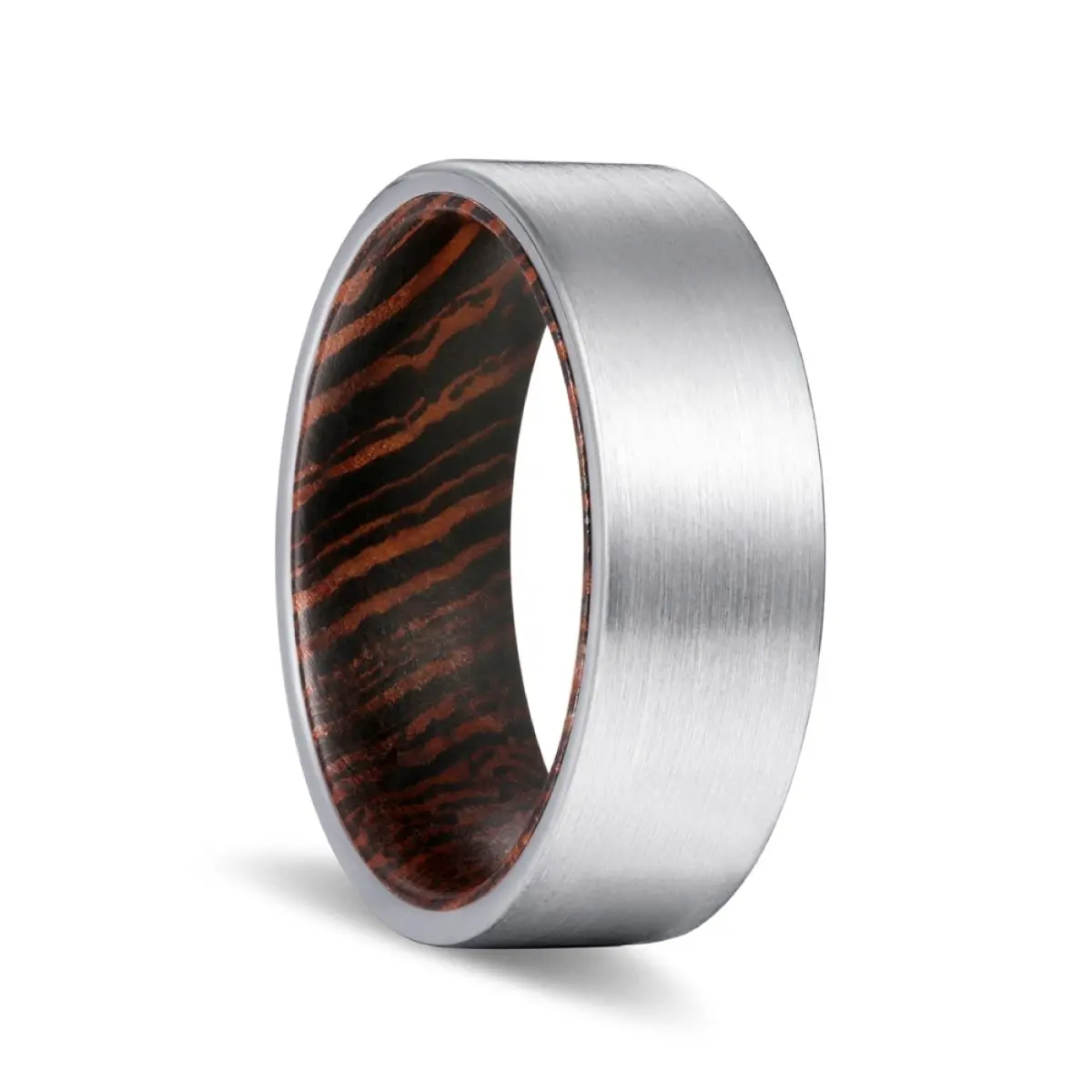 Precious | Wenge Wood, Silver Tungsten Ring, Brushed, Flat 1