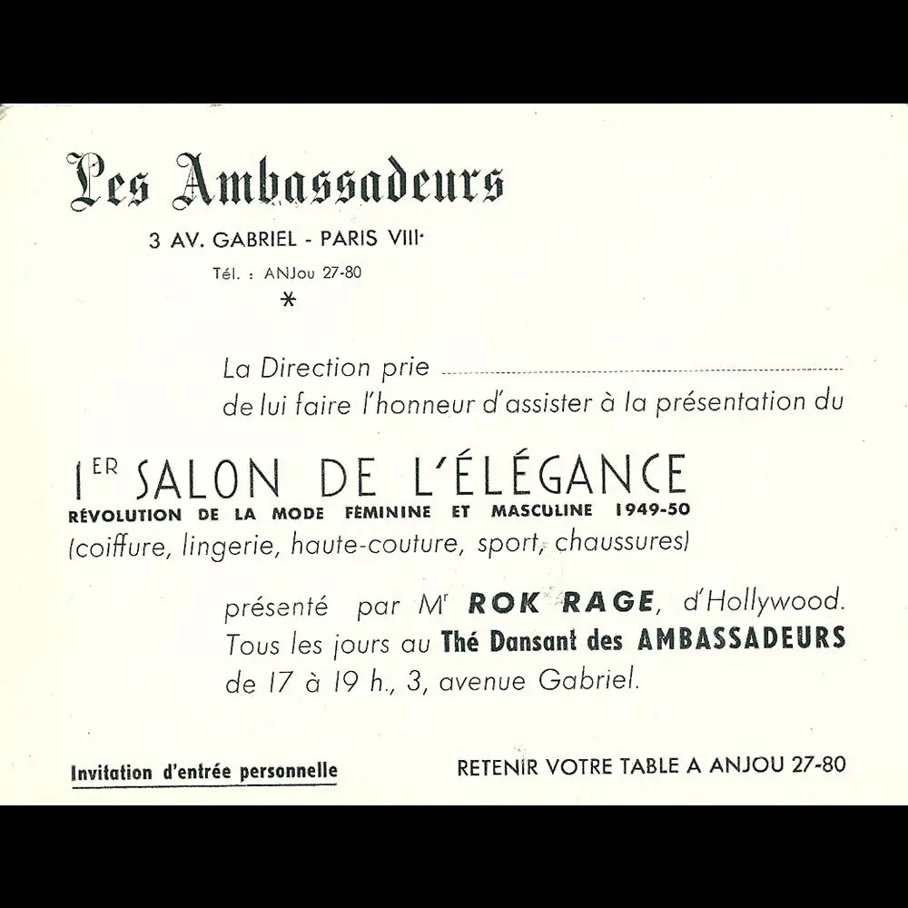 Invitation Au 1Er Salon De L'elégance, Au Thé Dansant Des Ambassadeurs, Paris (1949) 1