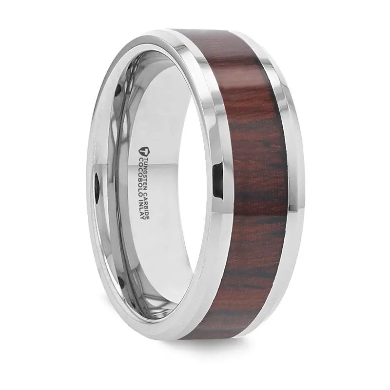 Presley | Silver Tungsten Ring. Cocobolo Wood Inlay, Beveled 1