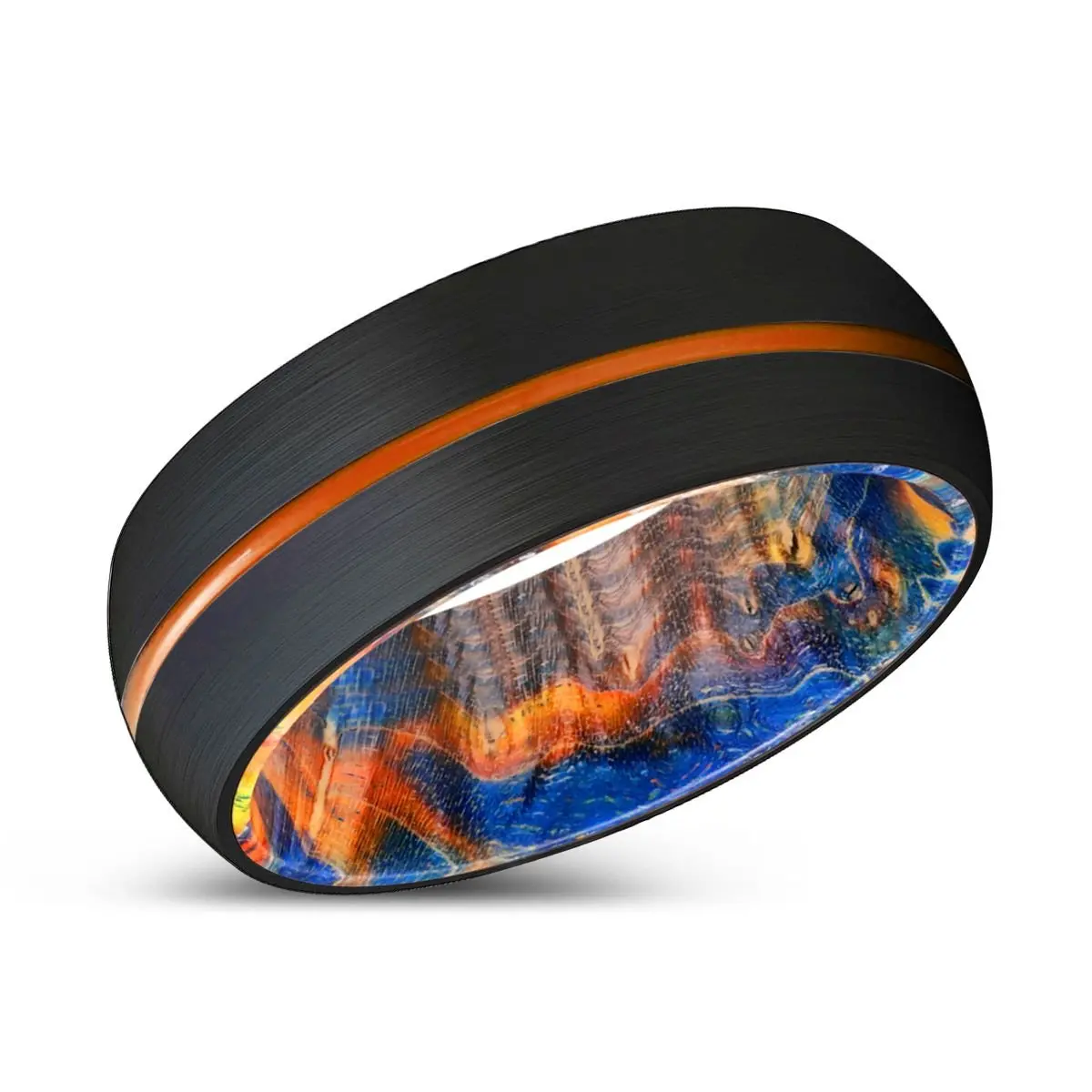 Prestigious | Blue & Yellow/Orange Wood, Black Tungsten Ring, Orange Groove, Domed 2