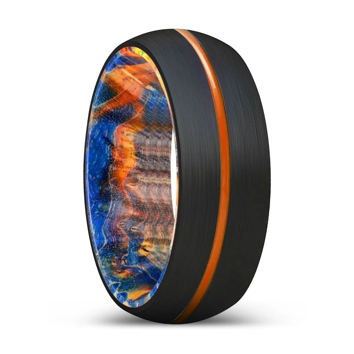 Prestigious | Blue & Yellow/Orange Wood, Black Tungsten Ring, Orange Groove, Domed 1