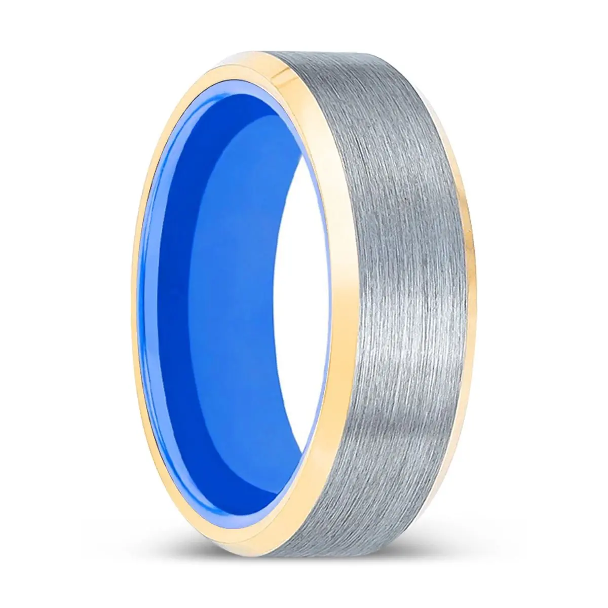 Prime | Blue Ring, Brushed, Silver Tungsten Ring, Gold Beveled Edges 1