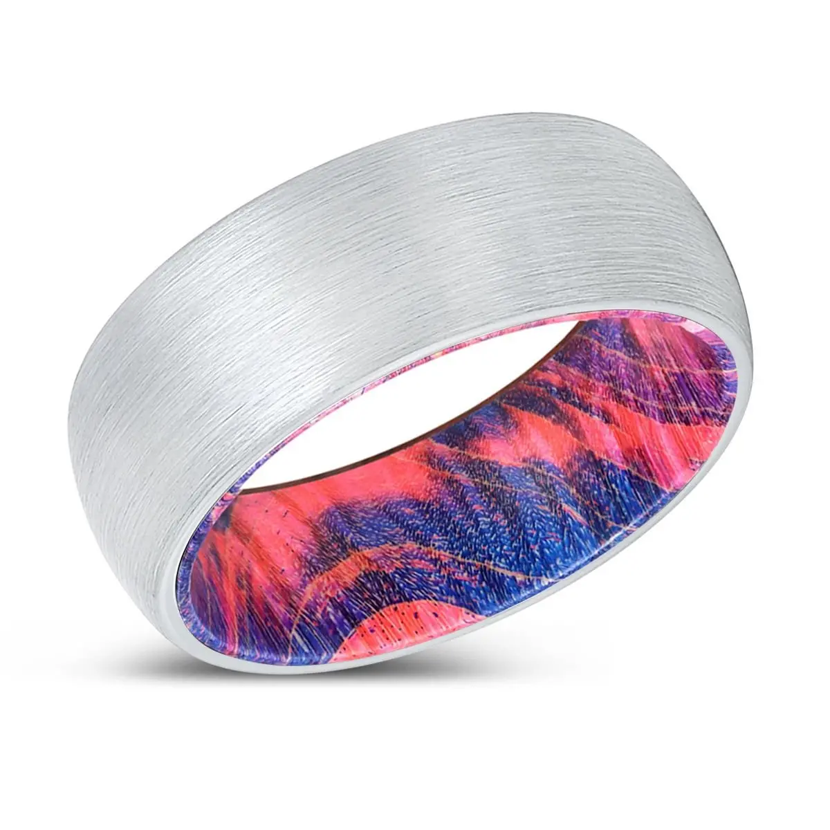 Primeval | Blue & Red Wood, White Tungsten Ring, Brushed, Domed 2