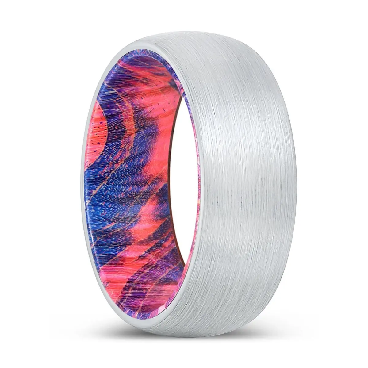 Primeval | Blue & Red Wood, White Tungsten Ring, Brushed, Domed 1